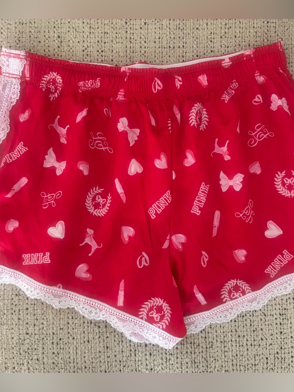 PINK xLoveShackFancy Red & Pink W White Lace-Trim XS Sleep Shorts